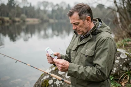 Pêcheur en waders examinant sa carte de pêche au bord d'une rivière française en 2026