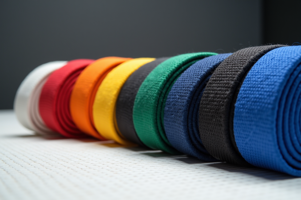 Ceintures de Jiu Jitsu empilees sur un tapis blanc en gros plan