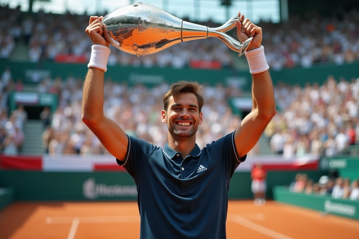 Tennisman adulte souriant avec trophée en main