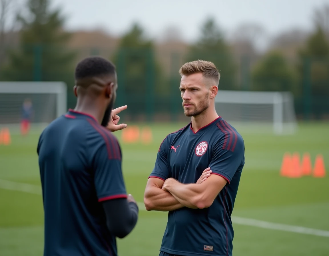 Deux défenseurs centraux du PSG en discussion tactique à l'entraînement avant le match