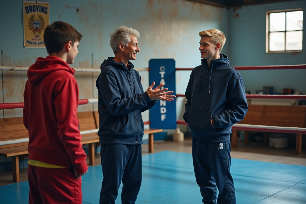 Entraîneuse de boxe expliquant avec deux jeunes boxeurs