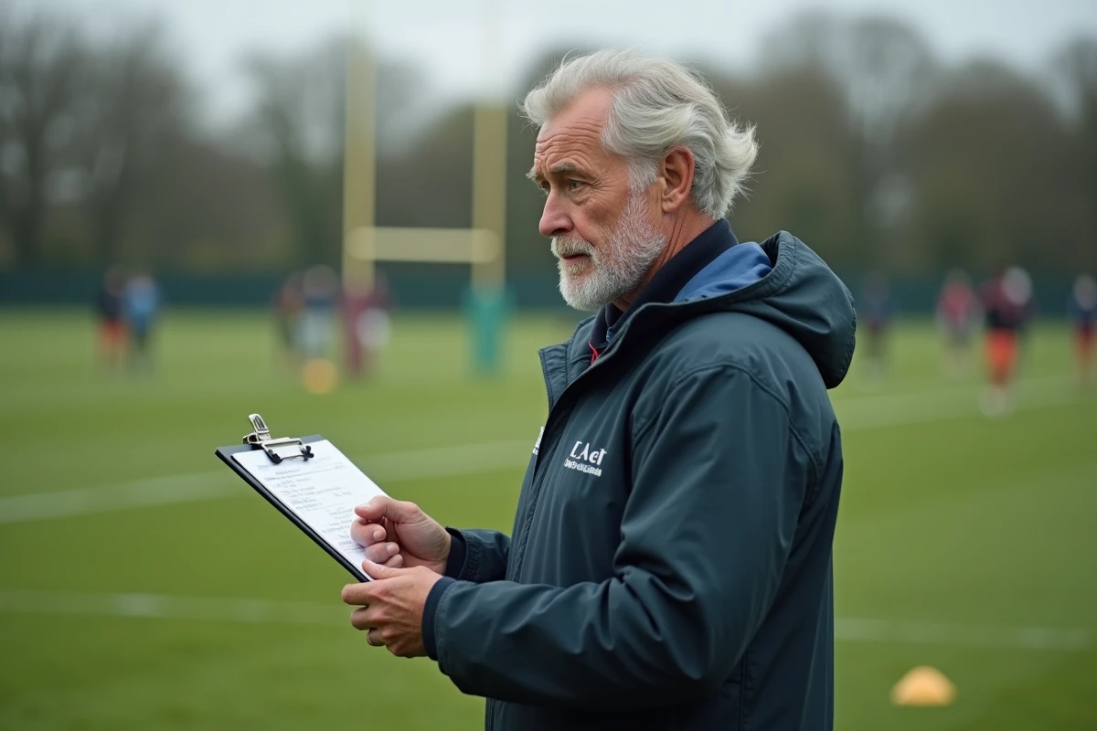 Entraineur de rugby observant le terrain avec un clipboard