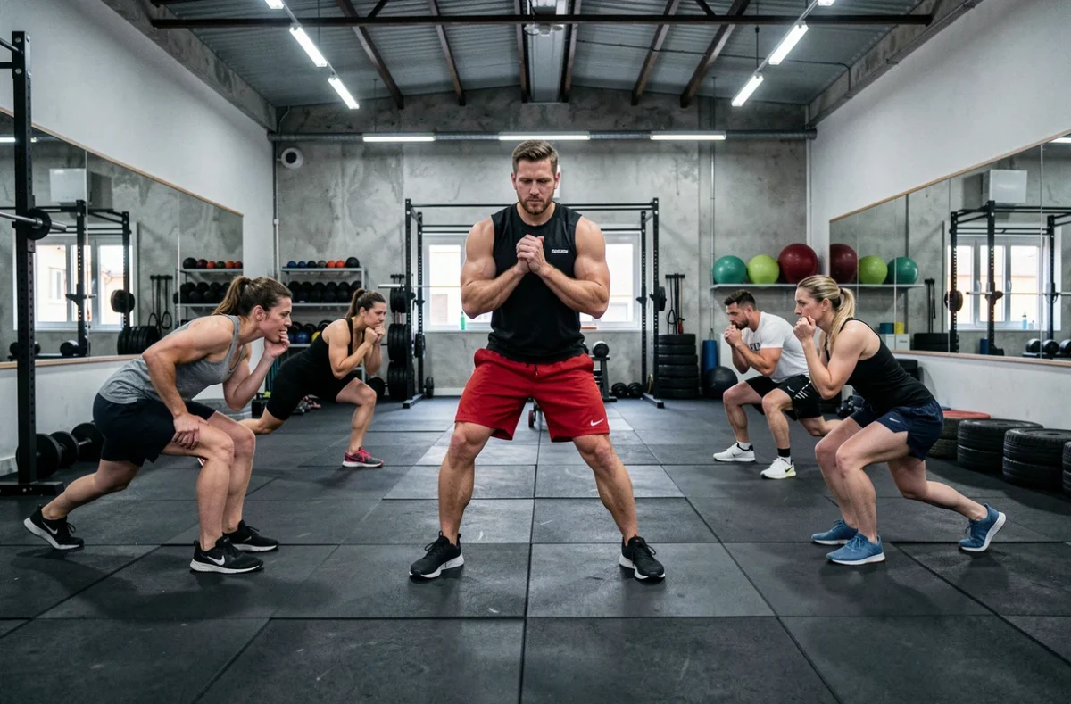 Coach fitness dirigeant une séance de circuit HIIT dynamique dans une salle de sport à Cholet