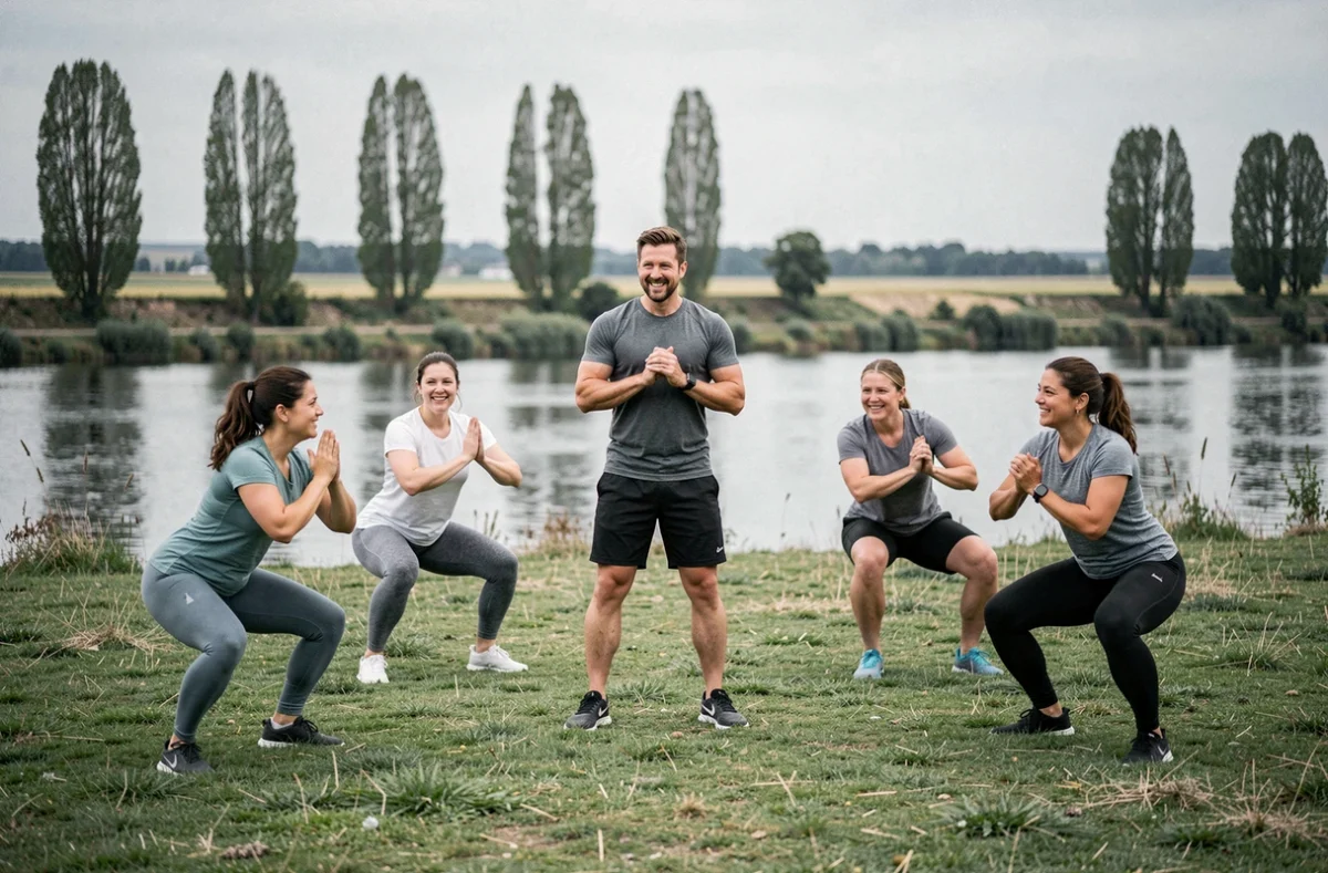 Coach sportif encadrant une séance de fitness en groupe en plein air au bord de l'Authion dans le secteur Loire-Authion