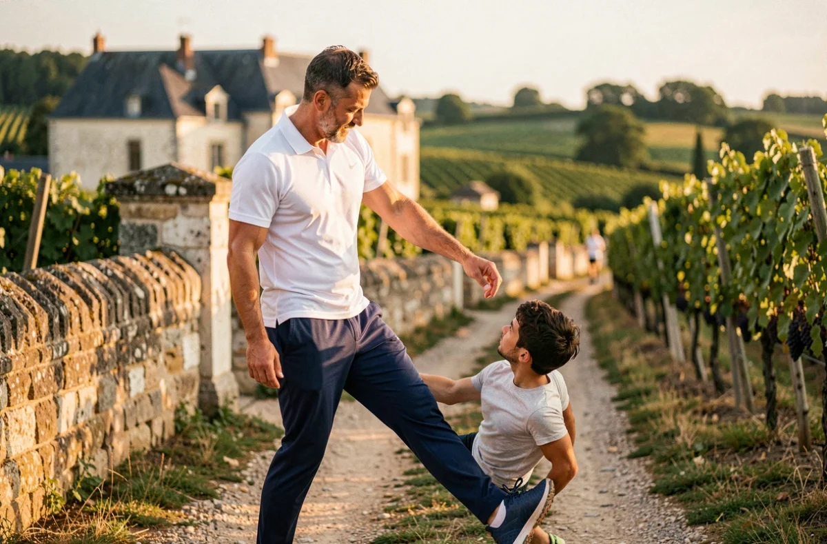 Coach sportif encadrant un client lors d'un échauffement de trail running près des vignes à Saumur dans l'est du Maine-et-Loire