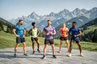 Groupe de coachs sportifs s'entraînant en plein air en Auvergne-Rhône-Alpes avec les Alpes en arrière-plan