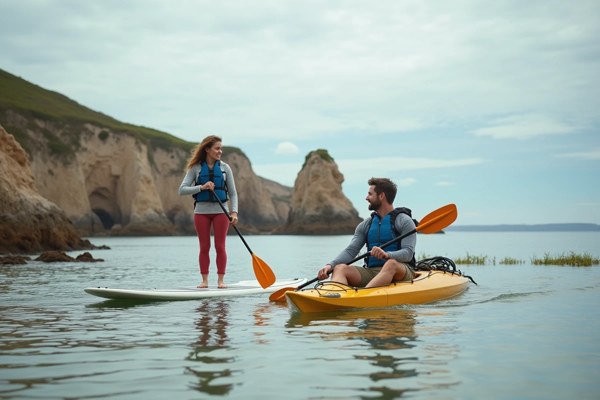 Comparaison entre un stand up paddle et un kayak de mer lors d'une sortie nature en baie côtière avec deux amis