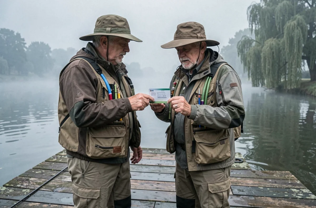Deux pêcheurs comparant leurs cartes de pêche sur un ponton en bois au bord d'une rivière française