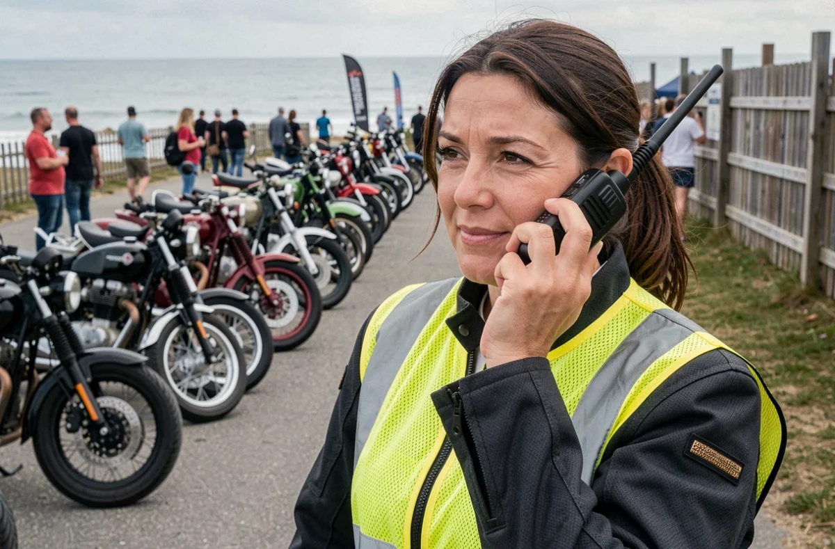 Coordinatrice de sécurité en gilet haute visibilité gérant la circulation lors du Show Bike Montalivet 2026