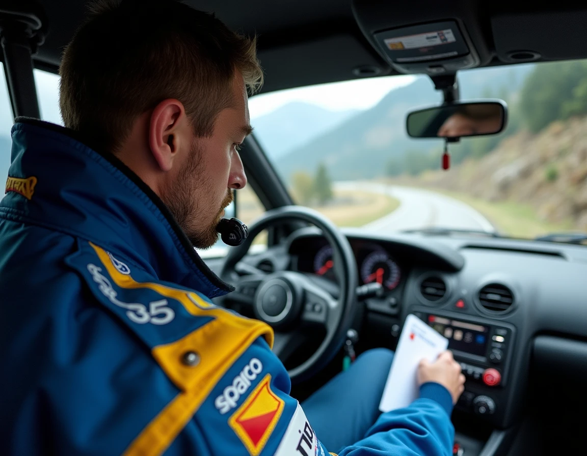 Co-pilote de rallye dans l'habitacle d'une voiture de compétition avec notes de pace