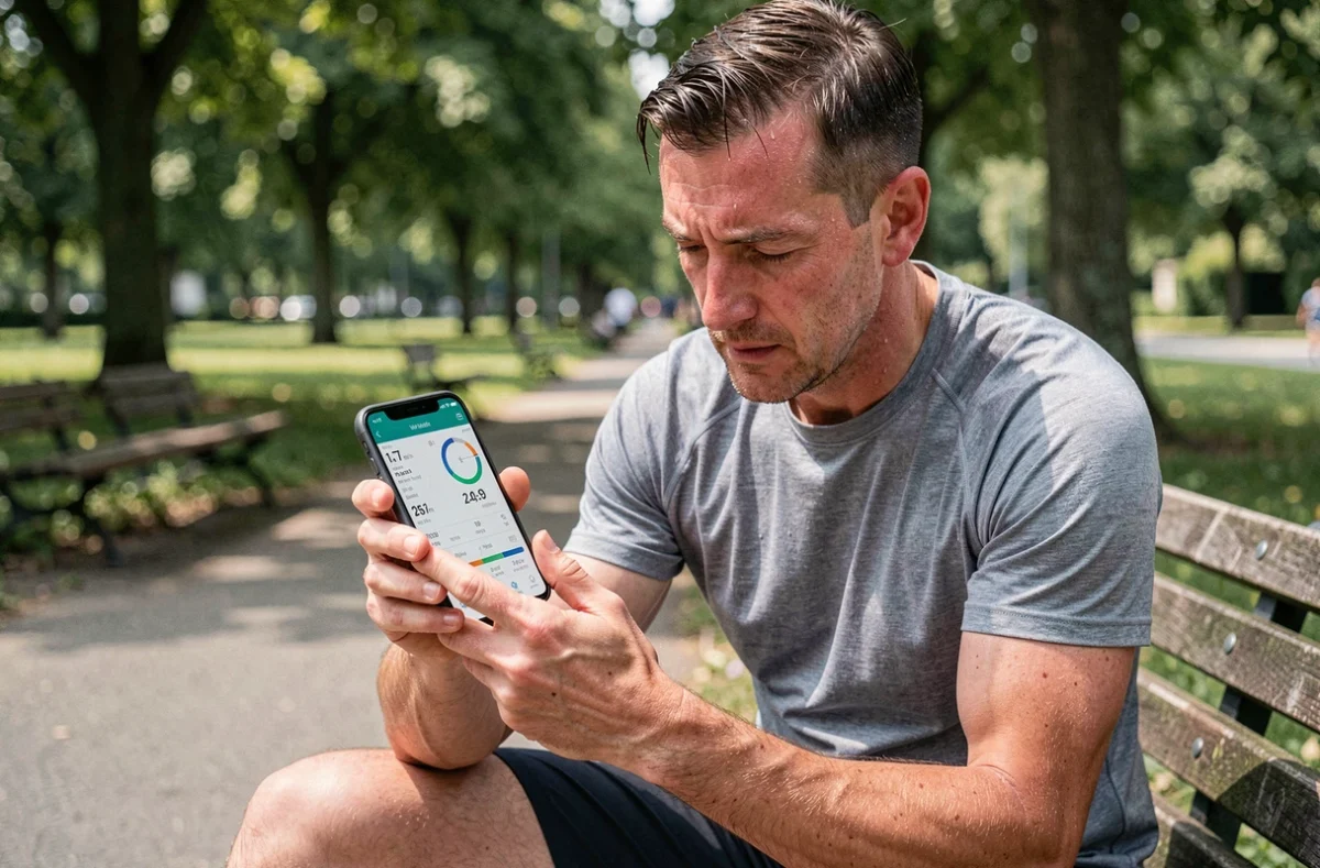 Coureur analysant ses données de vitesse en km/h et allure en min/km sur une application mobile après une séance de course