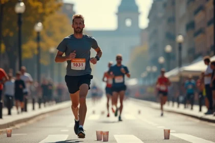 Coureur homme déterminé en marathon urbain ensoleille