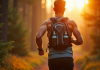 Coureur masculin en trail au lever du soleil portant un gilet de course avec bouteilles
