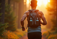 Coureur masculin en trail au lever du soleil portant un gilet de course avec bouteilles