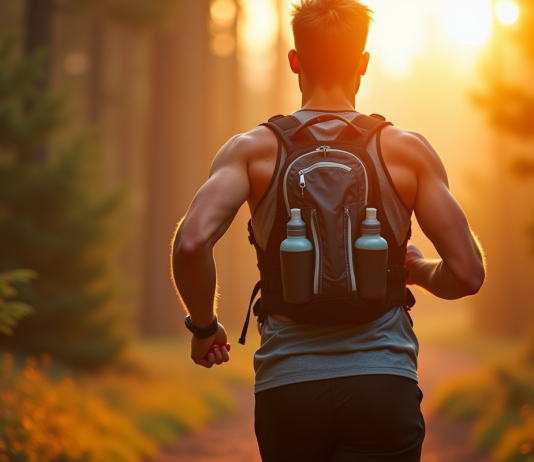 Coureur masculin en trail au lever du soleil portant un gilet de course avec bouteilles