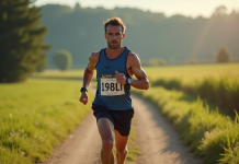 Coureur concentré en pleine course sur un sentier nature