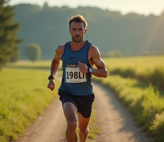 Coureur concentré en pleine course sur un sentier nature