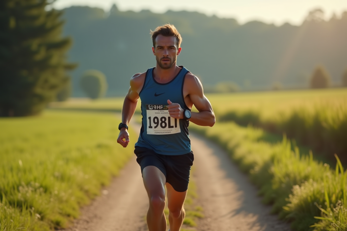 Coureur concentré en pleine course sur un sentier nature