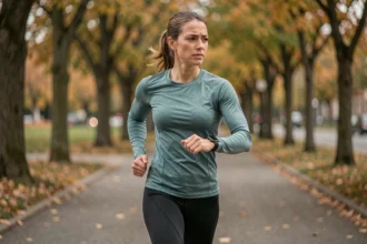 Coureuse débutante en tenue technique qui surveille sa vitesse sur une montre GPS lors d'un entraînement en parc pour préparer son premier marathon