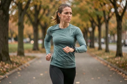 Coureuse débutante en tenue technique qui surveille sa vitesse sur une montre GPS lors d'un entraînement en parc pour préparer son premier marathon