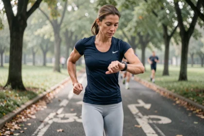Coureuse consultant sa montre GPS pour vérifier son rythme en min/km pendant une course en parc urbain
