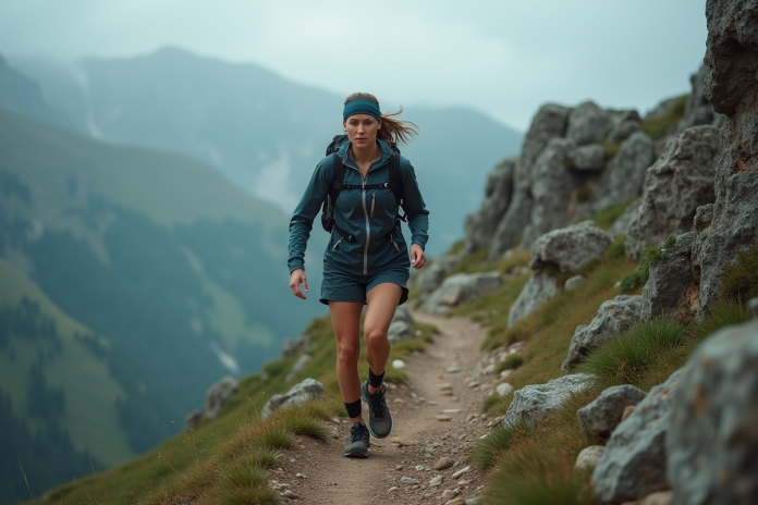 coureuse-trail-montagne Jeune femme sportive en trail en montagne