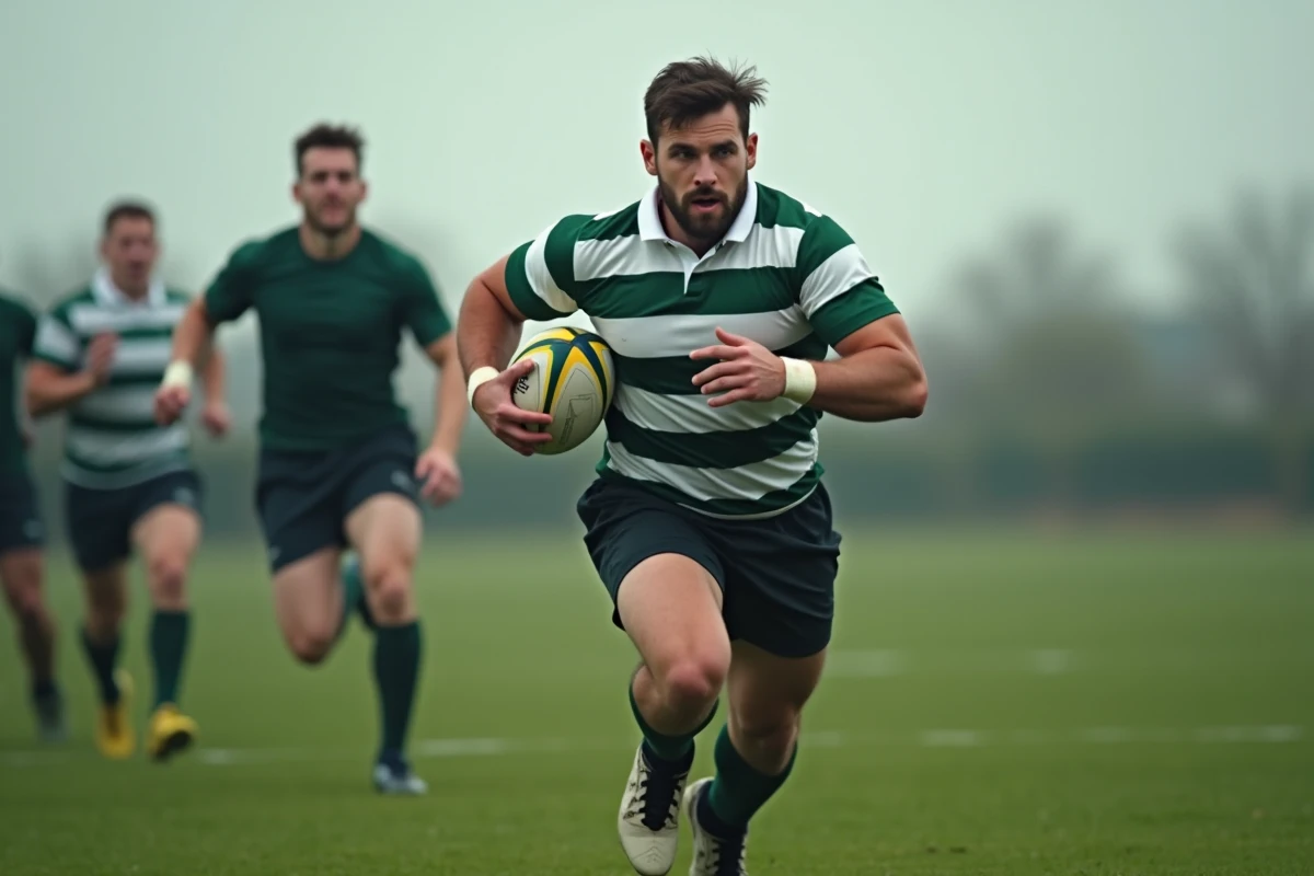 Joueur de rugby en course avec le ballon lors d'un match de Fédérale 1