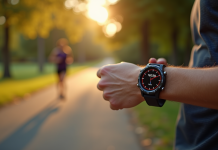 Courseur vérifiant sa smartwatch avec miles et kilomètres