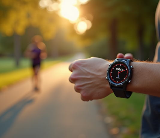 Courseur vérifiant sa smartwatch avec miles et kilomètres
