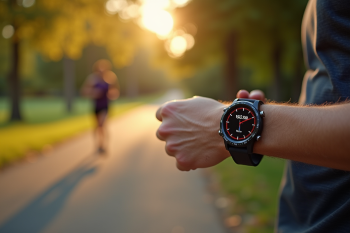 Courseur vérifiant sa smartwatch avec miles et kilomètres