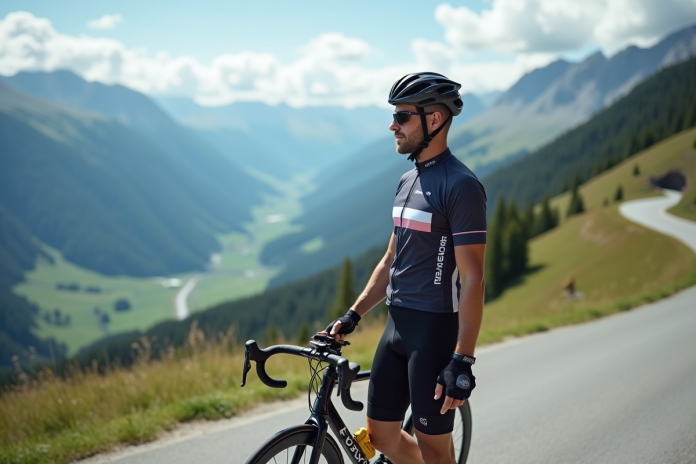 Cycliste en montagne avec vue panoramique alpine