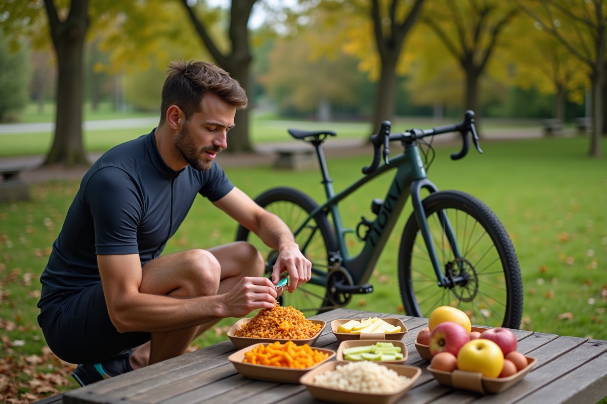 Homme cycliste organisant un repas sain dans un parc verdoyant