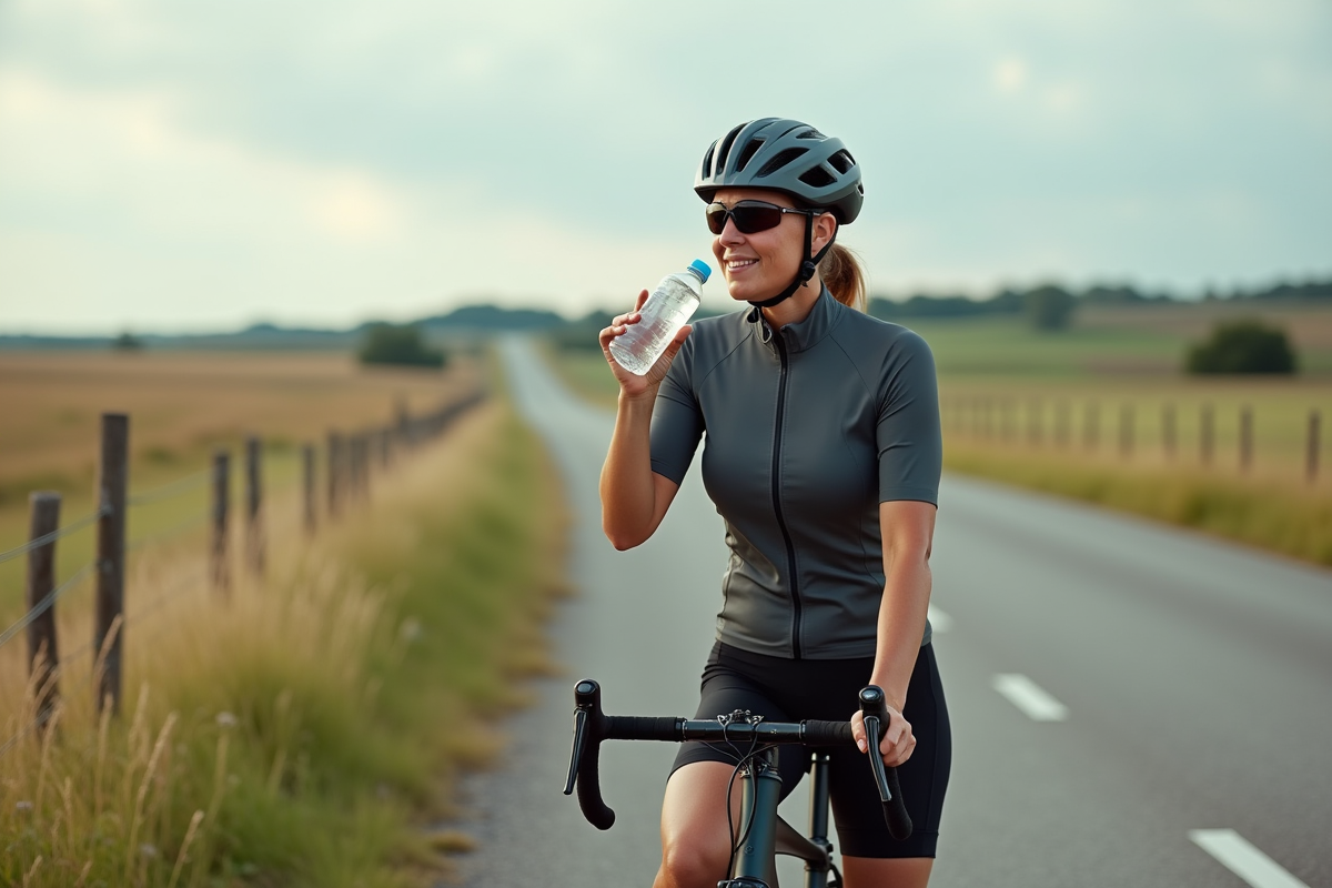 Femme cycliste buvant dans un paysage rural paisible