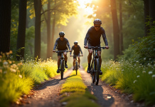 Groupe de cyclistes sur vélos Bosch électriques en forêt