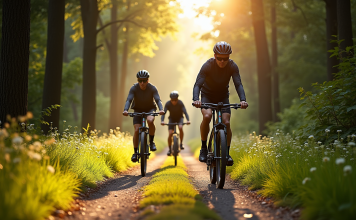 Groupe de cyclistes sur vélos Bosch électriques en forêt