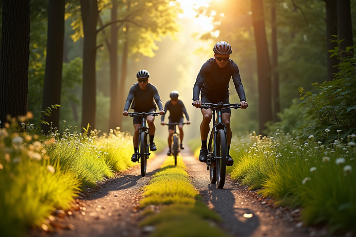 Groupe de cyclistes sur vélos Bosch électriques en forêt