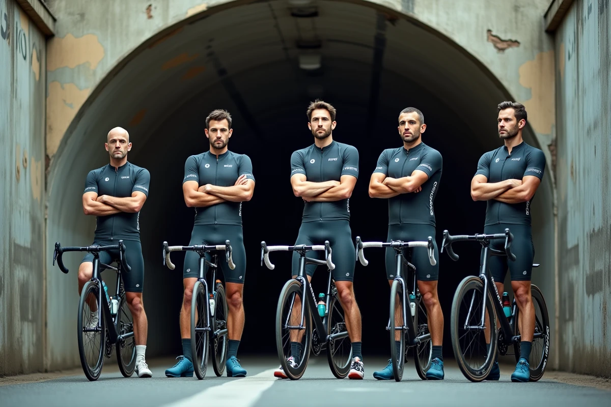 Groupe de cyclistes professionnels au langage corporel fermé devant un tunnel de vélodrome, illustrant le rejet du peloton envers un ancien champion