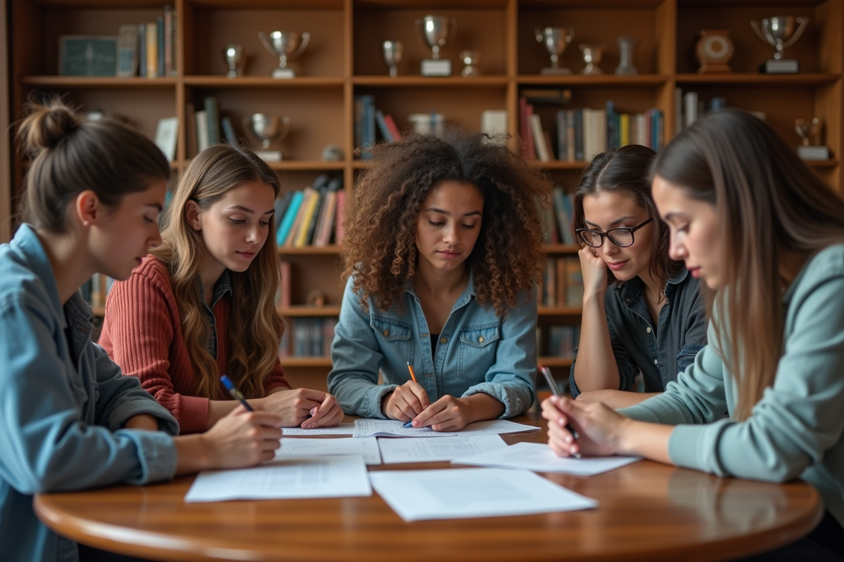 Groupe de jeunes discutant autour de livres de règles sportives en intérieur