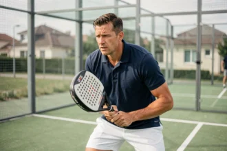 Joueur de padel débutant adulte en position d'attente sur un court extérieur lors d'un tournoi P100