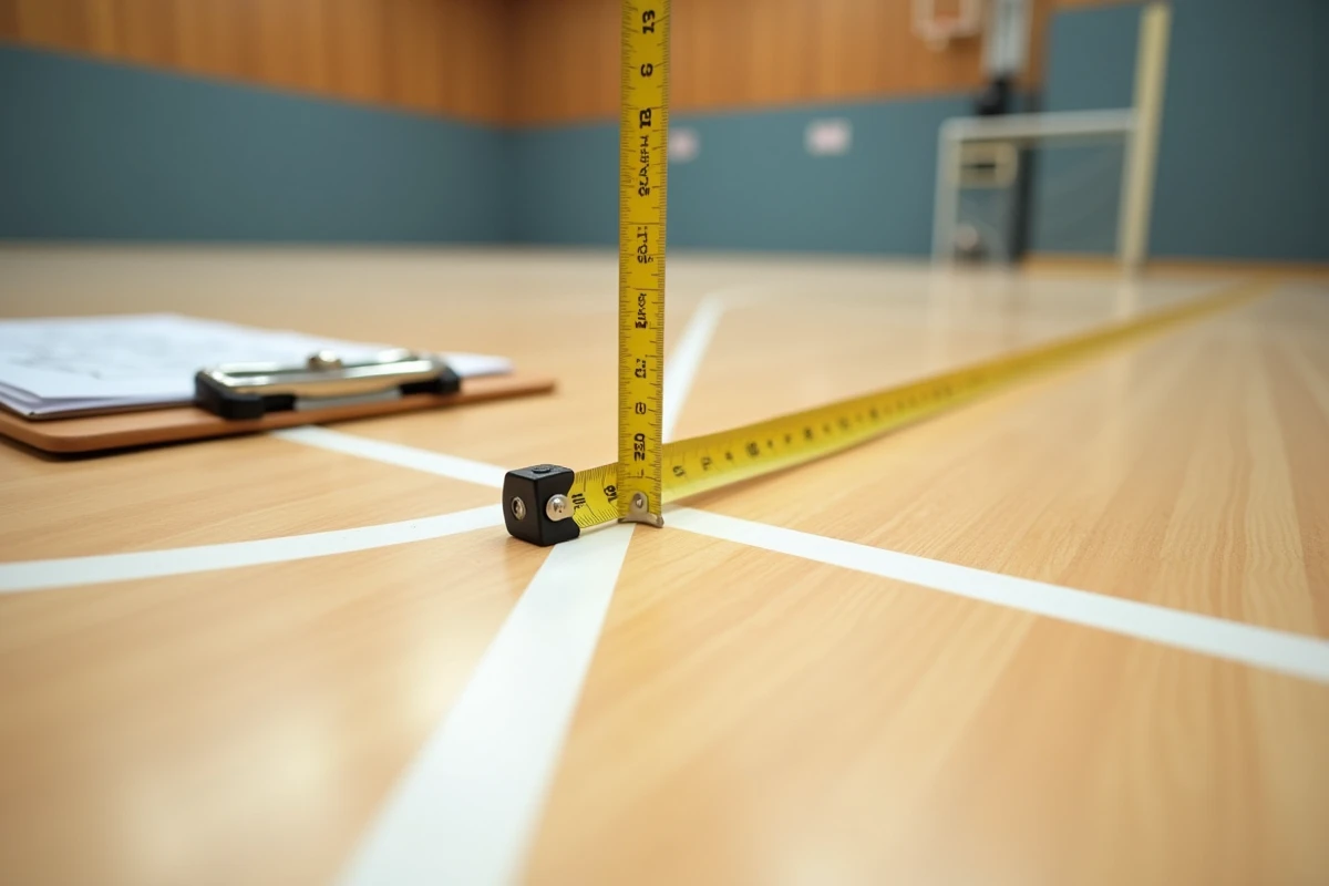 Gros plan sur les lignes réglementaires d'un terrain de handball avec mètre ruban pour vérification des dimensions