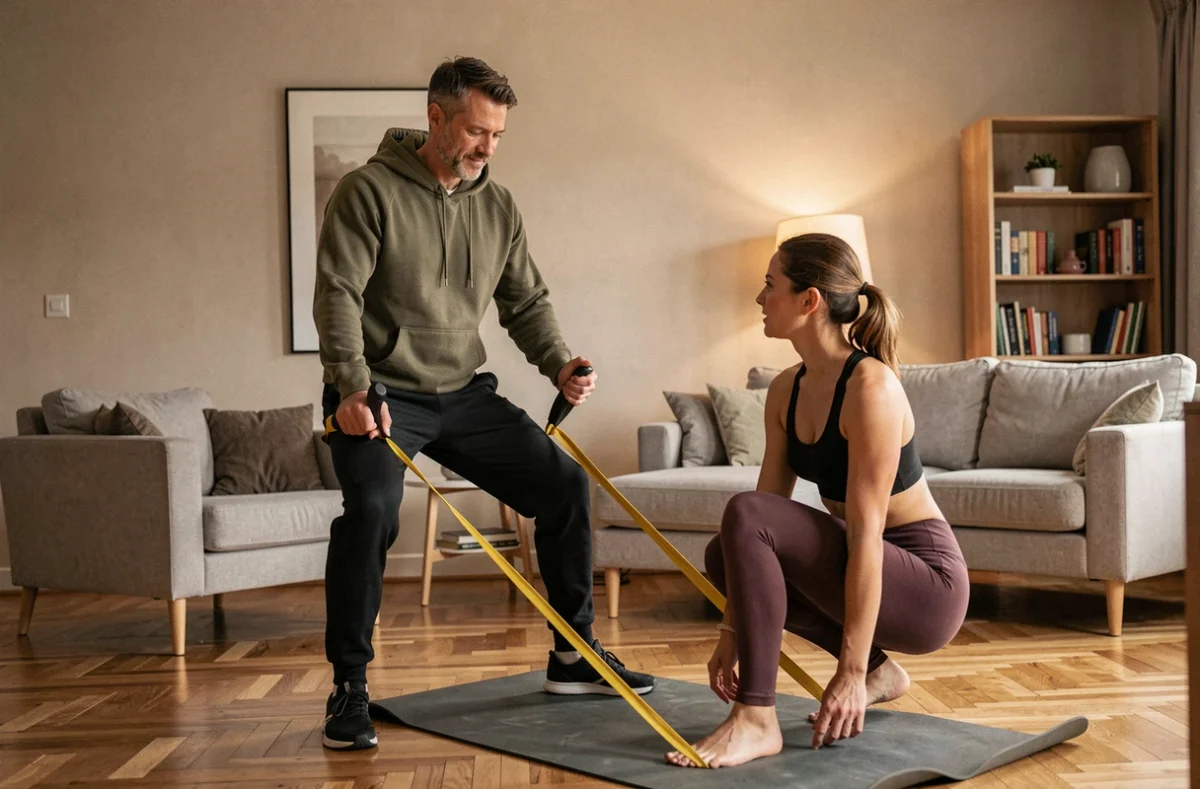 Coach de Domicil'Gym Angers réalisant une séance de coaching polyvalent à domicile dans un appartement moderne