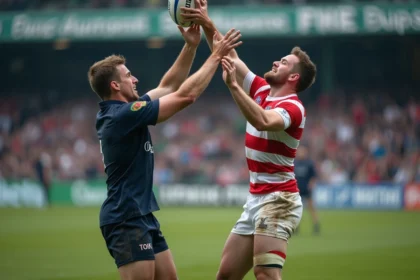 Deux joueurs de rugby en duel lors d'une touche en Fédérale 1, bras tendus vers le ballon