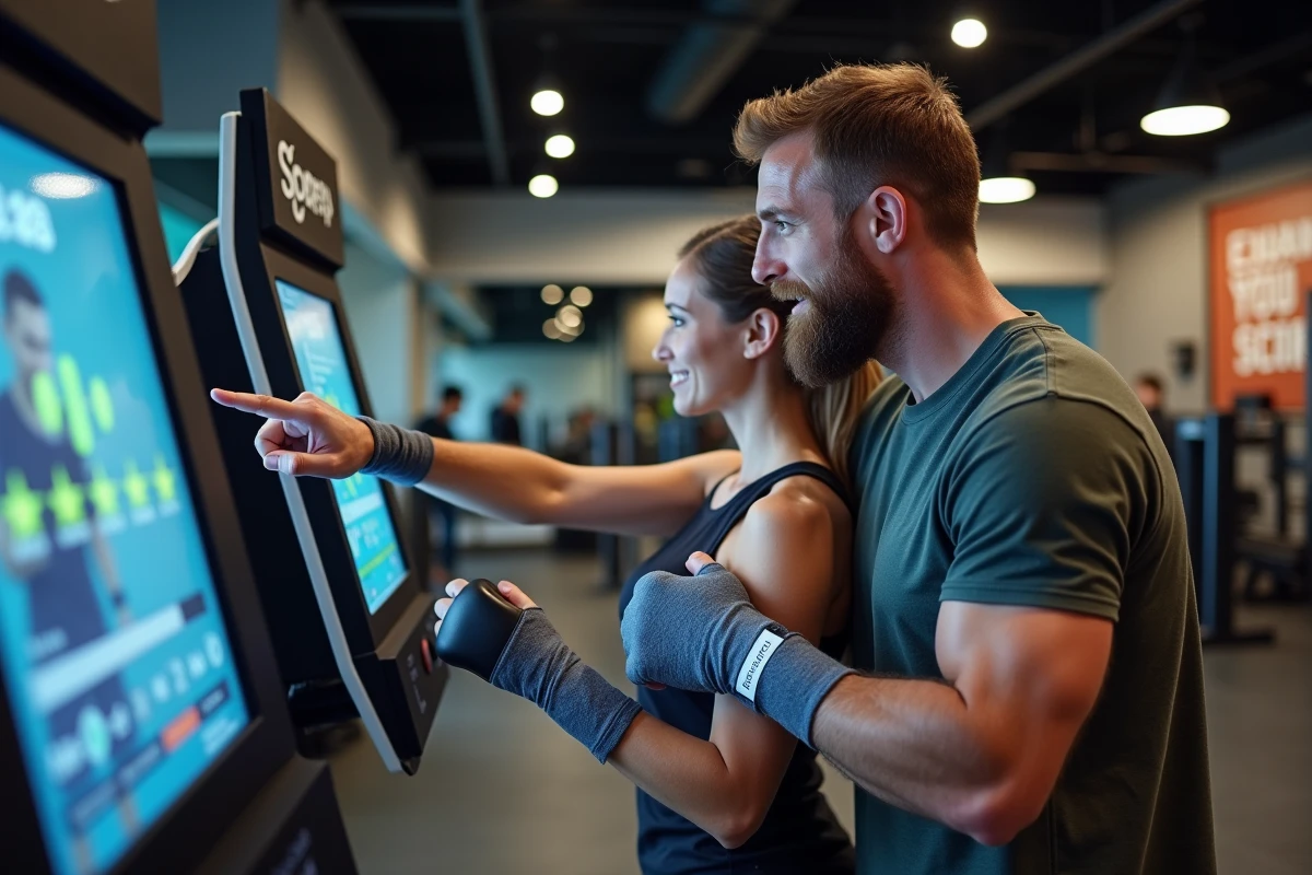 Deux sportifs adultes découvrant ensemble les fonctionnalités d'une machine à boxe musicale en salle de fitness