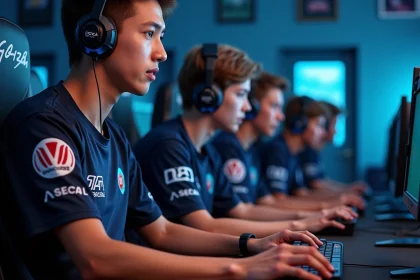 Groupe de jeunes joueurs d'e-sport concentrés en équipe