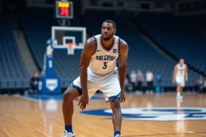 Joueur de basket s'échauffant sur un parquet de salle de sport avant un match officiel