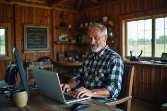 Éleveur de chevaux au bureau avec statistiques