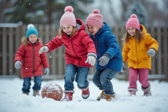 Enfants jouant au football dans la neige en hiver