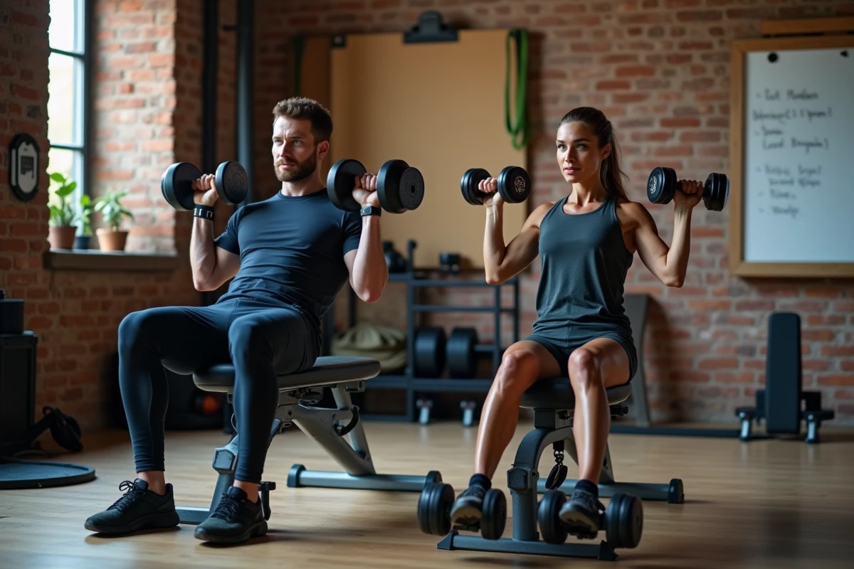 Deux athlètes s'entraînant ensemble dans une salle de sport maison, combinant haltères et callisthénie avec parallettes pour une progression musculaire optimale
