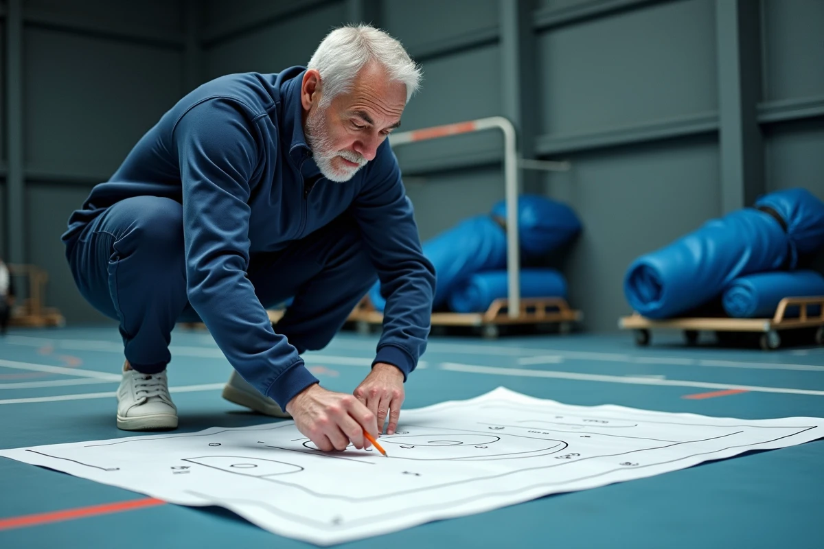 Entraîneur de handball étudiant un plan de salle de sport avec les dimensions réglementaires du terrain