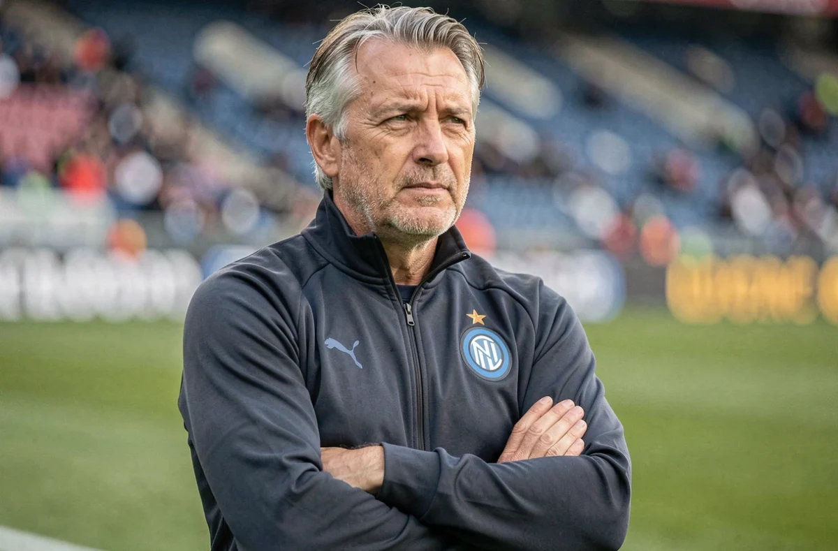 Entraîneur de l'Inter Milan en bord de terrain lors d'un match européen, expression concentrée et bras croisés